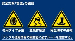  雪道の鉄則：冬用タイヤ必須、急操作厳禁、完全防水の長靴の着用。  