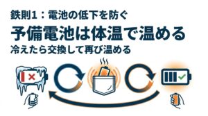寒冷地でのバッテリー低下を防ぐため、予備バッテリーを衣服の内ポケットに入れて体温で温め、冷えたら交換してローテーションする手順の図解