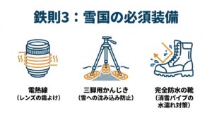 レンズの霜よけ用電熱線（レンズヒーター）、雪への沈み込みを防ぐ三脚用かんじき（スノーシュー）、消雪パイプの水濡れ対策となる完全防水の靴の図解