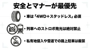 車の4WD・スタッドレスタイヤ必須、列車へのストロボ発光禁止、私有地侵入や路上駐車の厳禁など、安全とマナーに関する注意喚起。