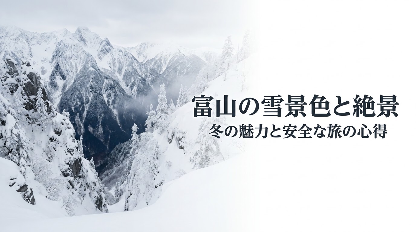富山の雪景色と絶景スポットの魅力、および冬の安全な旅の心得についてのタイトルスライド