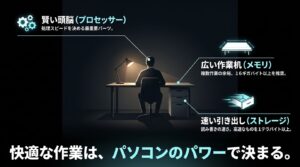 RAW現像に必要なパソコンのスペック。処理スピードを決めるプロセッサー、16GB以上のメモリ、1TB以上の高速ストレージを推奨。