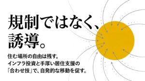 住む場所の自由を残しつつ、インフラ投資と手厚い居住支援の合わせ技で中心部への自発的な移動を促す「誘導策」について書かれたスライド