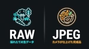 RAWデータ(採れたての生データ)とJPEGデータ(カメラが仕上げた完成品)のイメージ比較図