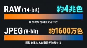14-bit RAW(約4兆色)と8-bit JPEG(約1600万色)の情報量および階調の違いを示す図