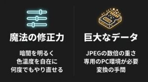 暗闇を明るく補正できるRAWのメリットと、データが大きく変換の手間がかかる注意点の説明図