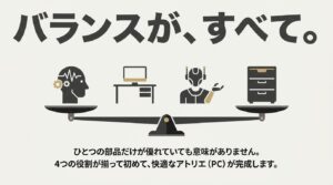 天秤の上にCPU、メモリ、GPU、ストレージを表すアイコンが乗っており、PCの4つの役割のバランスがすべてであることを示すイラスト