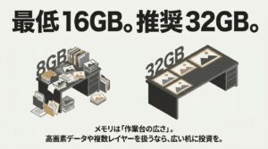 8GBの狭い作業机と32GBの広い作業机のイラストを比較し、メモリ容量は最低16GB、推奨32GBであることを示すスライド