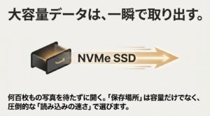 大容量データを待たずに開くために、圧倒的な読み込みの速さを持つNVMe SSDを推奨するスライド